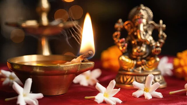 Close-up of ganesha statue and burning oil lamp diya during ugadi festival, symbolizing indian spirituality and worship ritual.