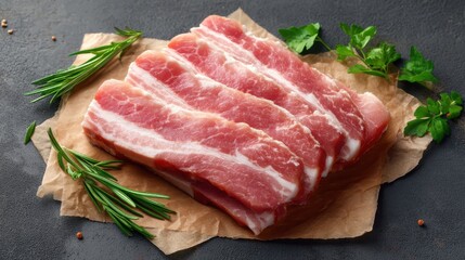 Fototapeta premium Fresh Raw Pork Belly Slices on Brown Paper with Green Fresh Herbs, Rosemary and Parsley, Culinary Ingredients for Home Cooking and Gourmet Dishes