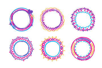 Doodle crayon round shape frames set isolated on white background. Vector realistic illustration of hand drawn childish design borders decorated with pastel hearts, stars and abstract scribbles