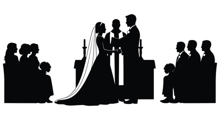 A romantic wedding ceremony is depicted with a bride and groom exchanging vows surrounded by guests a striking silhouette © RMvectors02