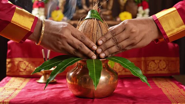 Traditional hindu ugadi festival ritual: hands placing coconut on kalash pot with mango leaves.