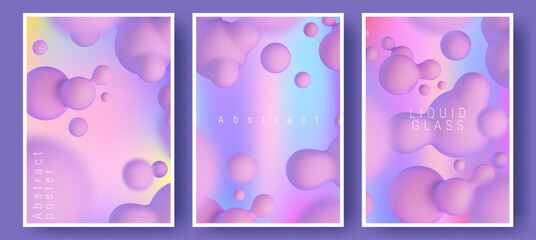 Abstract pink soft liquid spheres posters. Flowing gradient vector realistic background. Vibrant fluid shapes floating or flying in air, blurred creative brochure covers and modern graphic templates.