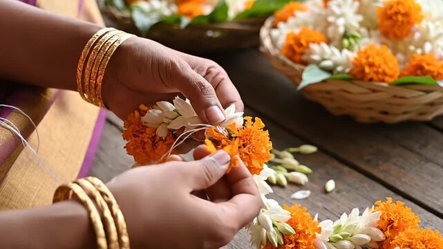 Woman's hands crafting a traditional jasmine and marigold flower garland (mala) for ugadi festival preparation, showing gold bangles and cultural ritual in india.