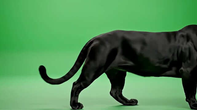 Powerful black panther gracefully walking forward on a vibrant green screen background perfect for visual effects and motion graphics projects needing an exotic wildlife element