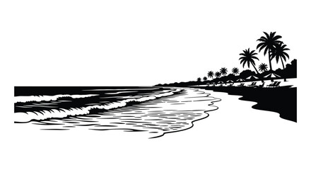 A tranquil coastal scene depicts palm trees lining a beach with gentle waves presented as a striking silhouette high quality professional © RMvectors02