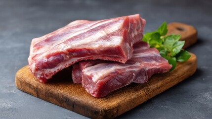 Obraz premium Fresh Raw Pork Ribs on Wooden Cutting Board with Green Herb Decoration in Modern Kitchen Setting