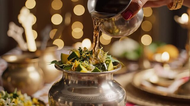 Traditional ugadi pachadi preparation featuring hand pouring liquid into a ritual kalash pot during the indian new year celebration.