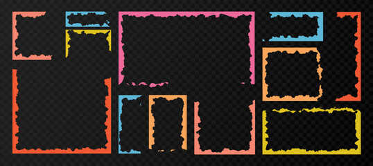 Fototapeta premium Torn paper color frames with jagged edges, vector illustration set isolated on transparent background. Vintage collage elements, poster borders with rough grunge paper texture.