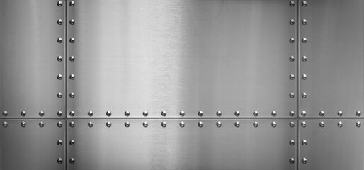 Steel metal border, background with rivets and iron texture, vector illustration. Polished silver sheet, aluminum surface panel with bolts, realistic scratches and metallic sheen, airplane wall design