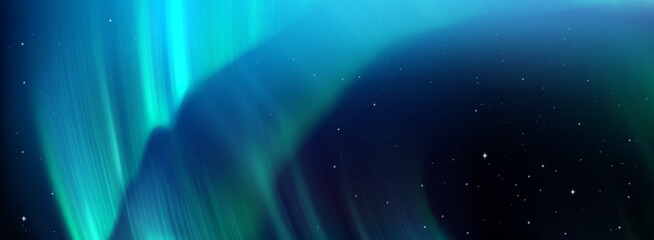 Aurora borealis lights in northern starry sky with vibrant green blue gradient realistic vector background. Magical polar night atmosphere, abstract winter arctic bg with neon light © klyaksun