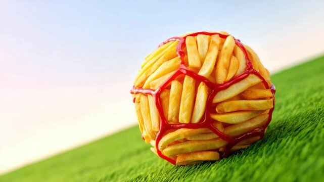 French fries football concept with ketchup net on green grass, creative fusion of fast food and sports culture, humorous visual representing food obsession and athletic lifestyle contradiction
