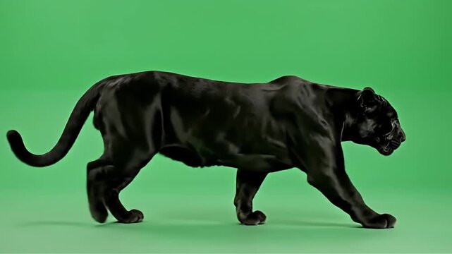 Powerful black panther gracefully walking forward on a vibrant green screen background perfect for visual effects motion graphics and adding wildlife to your creative projects
