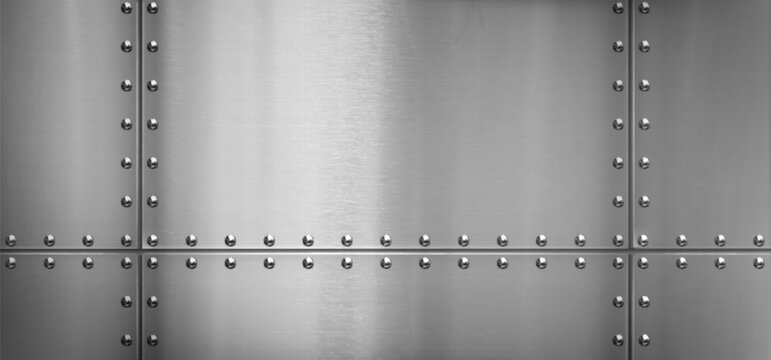 Steel metal border, background with rivets and iron texture, vector illustration. Polished silver sheet, aluminum surface panel with bolts, realistic scratches and metallic sheen, airplane wall design