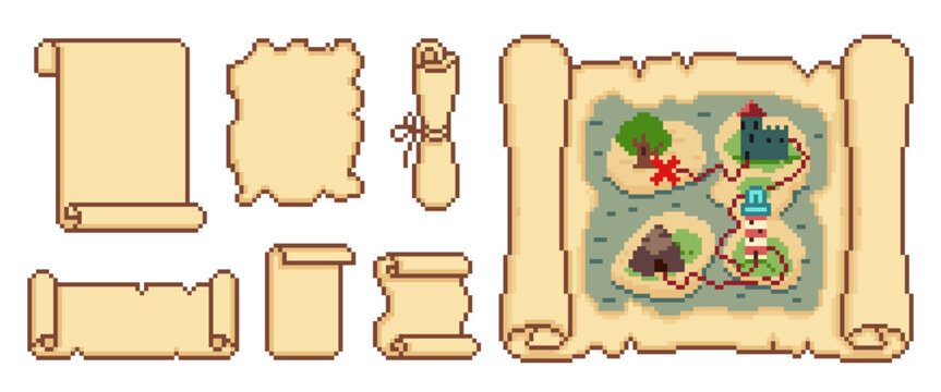 Pixel art game scrolls, vintage parchment texture frames and decorative borders, cartoon vector isolated on white. Treasure maps templates, medieval banners, or retro video game UI design elements