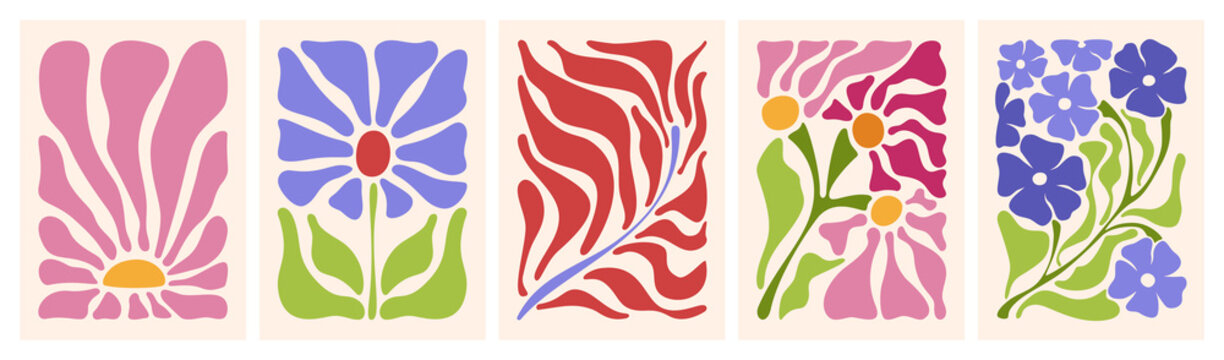 Abstract doodle floral pattern with Matisse style flowers and leaves. Retro vector design for trendy posters with cut out plants, botanical prints with groovy vintage style.