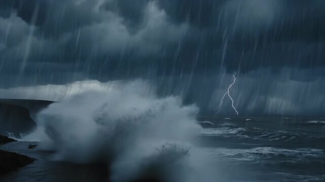 Violent ocean storm with lightning striking the sea and heavy rain pouring