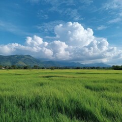 Obraz premium Lush Green Rice Fields Under a Bright Blue Sky with Puffy Clouds and Rolling Hills in the Background on a Sunny Day in Nature's Landscape