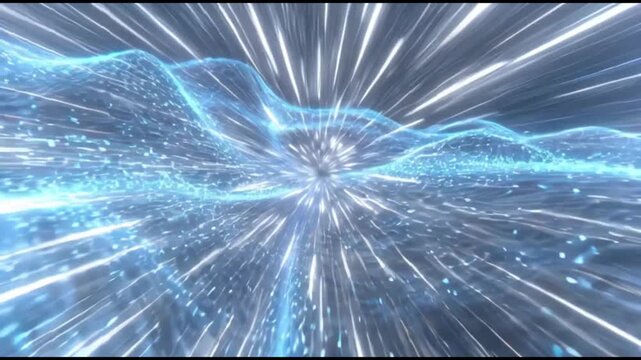 Abstract blue high speed digital data tunnel with glowing light streaks, flying particles and futuristic network connection background