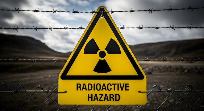 Radioactive hazard warning sign behind a barbed wire fence in a desolate landscape . Generative AI.
