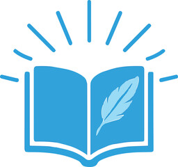 A minimalist, flat design logo featuring an open, bright blue book at the center. Thin, radiant blue lines emanate outwards from the book, suggesting knowledge or inspiration