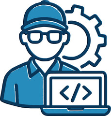 A stylized icon featuring a person in front of a laptop, with a gear as a background element.