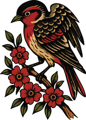 A stylized bird perched on a branch with red flowers. The bird has intricate feather details in black, white, and red.