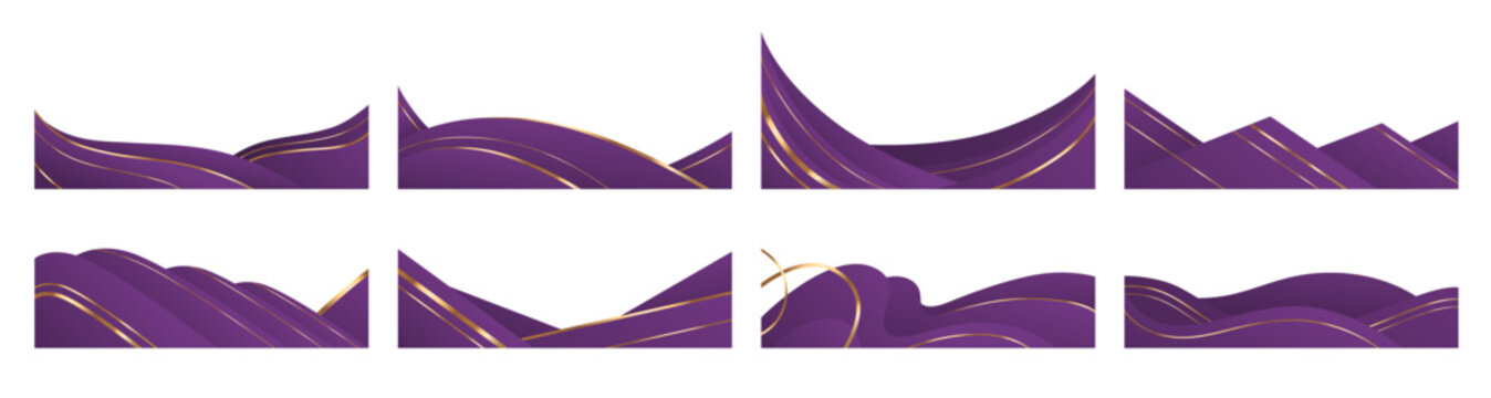 Elegant purple waves with golden ribbons abstract vector background. Curve shape frames or certificate corner borders with gold wavy lines, banners layout, footer and design elements for invitation