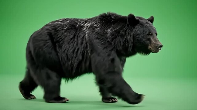 Powerful black bear walking on a green screen background perfect for compositing into dynamic wildlife scenes and visual effects projects Ideal for nature documentaries