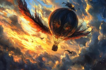Majestic Hot Air Balloon with Wings in Dramatic Sky Scene