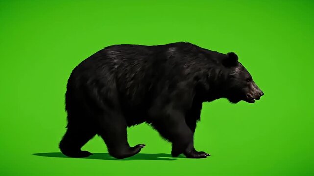 Powerful black bear walking across a vibrant green screen background perfect for visual effects compositing and adding wildlife to dynamic scenes