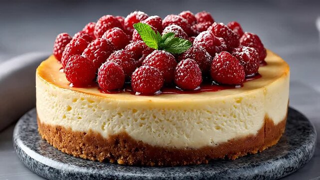 Whole classic New York cheesecake topped with neat rows of fresh raspberries on a light grey marble background with professional styling.