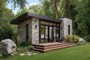 Small stone house with large windows and wooden deck situated in a green area surrounded by trees and rocks during the daytime