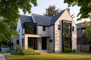 Contemporary home featuring a strikingly sleek design and expansive windows, beautifully encircled by lush green trees on a bright, sunny day