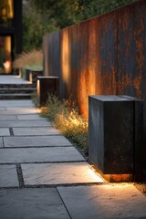 Pathway with lit stones near a rusted wall at dusk in a modern outdoor setting where soft light highlights the walkway and surrounding plants