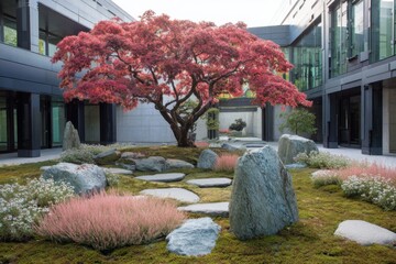 A stunning garden scene featuring a vibrant red tree and carefully placed stones, all set against the backdrop of buildings under a clear blue sky during the daytime