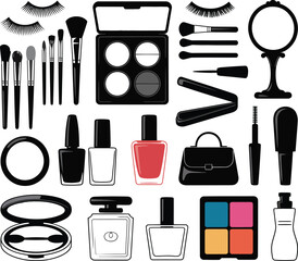 Collection of makeup products and beauty tools on white background
