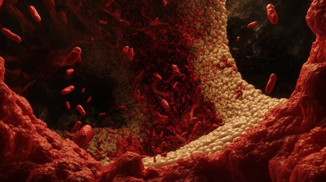 A highly magnified view of cellular membranes, showcasing intricate biological structures and a vibrant concentration of red microscopic organisms.