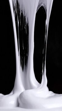 White viscous liquid stretches and drips against a dark black background.