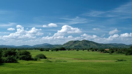 Fototapeta premium Tranquil Landscape of Lush Green Rice Fields Under a Clear Blue Sky with Puffy White Clouds and Rolling Hills in the Background