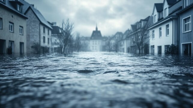 Dramatic view of extensive flooded urban infrastructure causing widespread disaster in a submerged city street with prominent buildings under a foreboding sky.