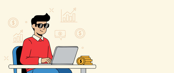 Man working on laptop with financial growth illustration
