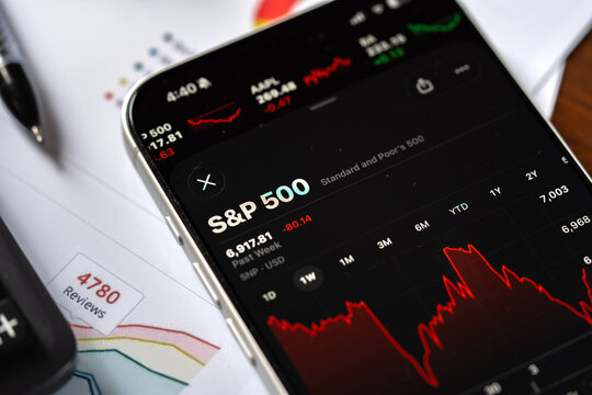 SP 500 or S and P 500 logo is displayed on the screen of a smartphone, in Bangalore, India, on February 12, 2026
