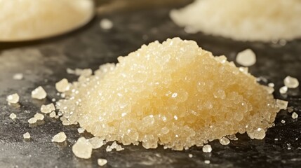 A macro view reveals pale yellow granulated sugar crystals meticulously piled and scattered across a dark textured surface, emphasizing intricate culinary detail.