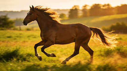 cavalry. A majestic horse gallops freely across a sunlit field, embodying energy and natural beauty. wildlife magazines, conservation campaigns, designed for eco-tourism storytelling.