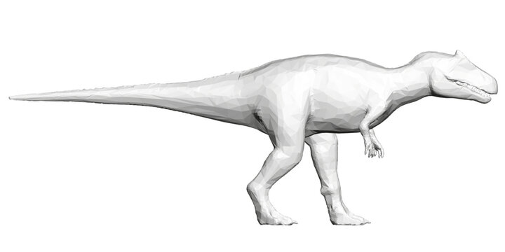 Polygonal T-Rex dinosaur model in a low poly art style, composed of geometric shapes and multiple colors against a clean white background. This stylized allosaurus illustration has a unique.