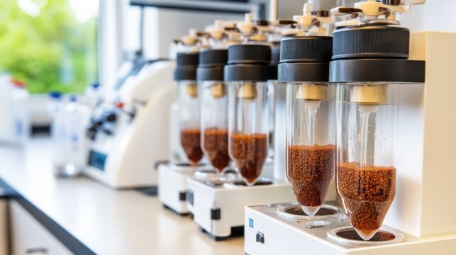 Laboratory tubes filled with layered brown granular material undergoing scientific analysis in a modern research setting, highlighting chemical processes.