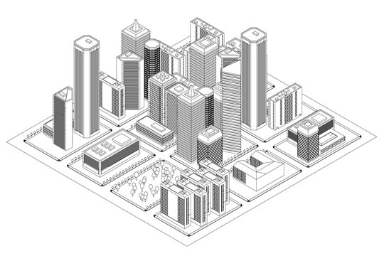 Low poly contour drawing of a city skyline with detailed skyscraper architecture in a black and white geometric style. Isometric view