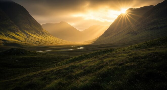 Serene mountain landscape at sunrise with sunbeams.