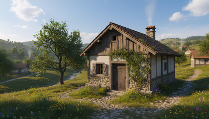 Quaint rural cottage surrounded by lush greenery and wildflowers