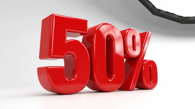 Three dimensional bright red fifty percent sign resting on white surface